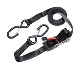 Master Lock ratchet tie down straps, 4.25m x 25mm, with strap trap system, shown in a workshop setting.