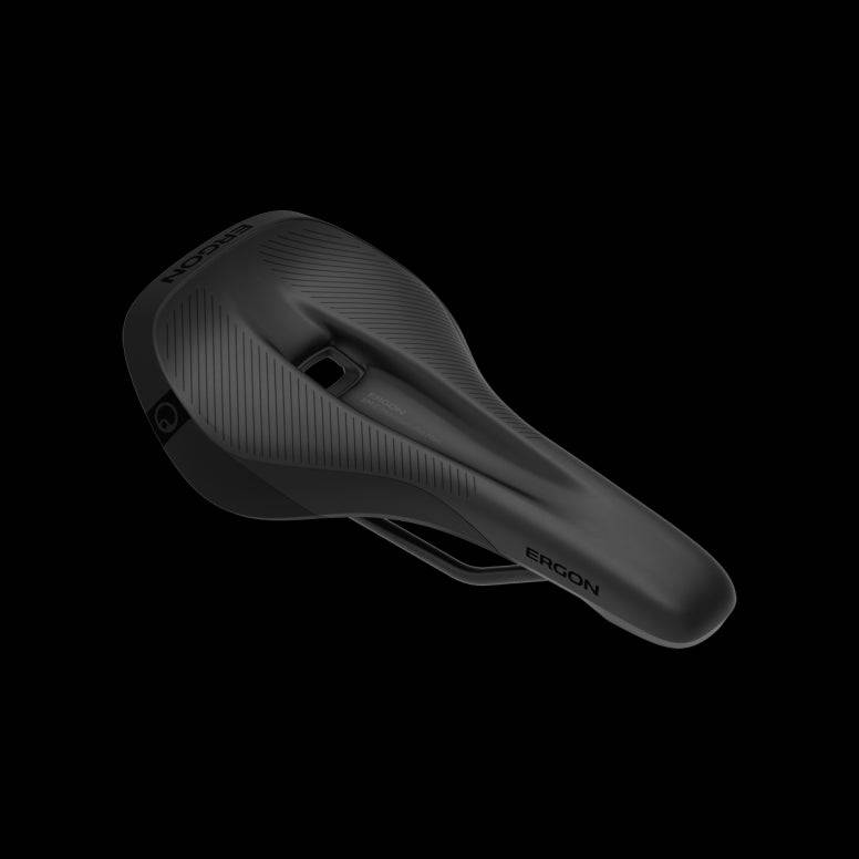 Ergon SM E-Mountain Pro men's saddle designed for comfort and performance in e-Mountain biking, shown on a bike seat.