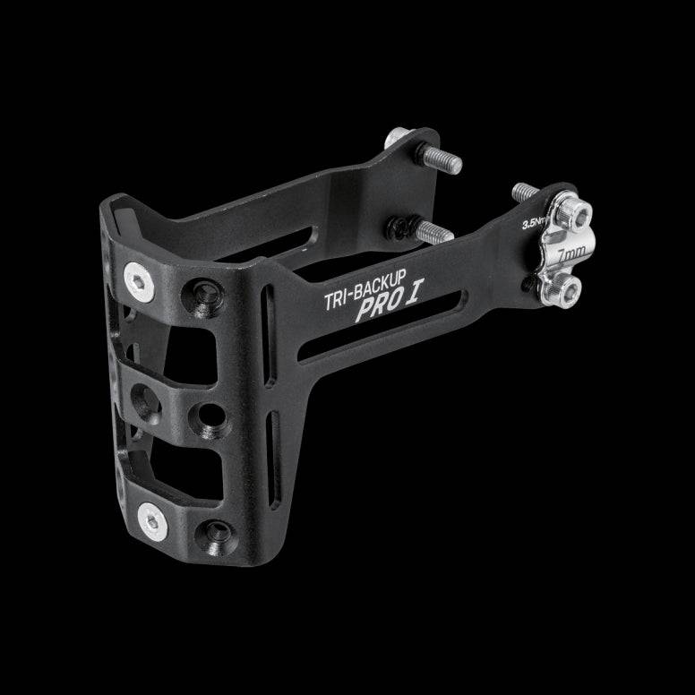 Topeak Tri-Backup Pro adjustable bottle cage mount for bike saddles and hydration storage, shown installed on a bicycle saddle.