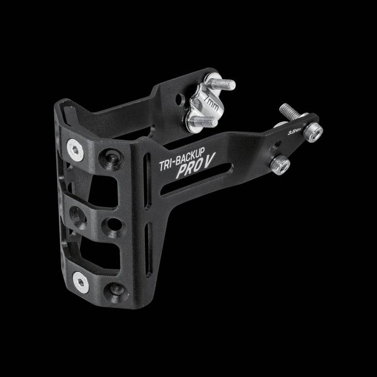 Topeak Tri-Backup Pro adjustable bike bottle cage mount attached to a bike saddle for hydration storage.