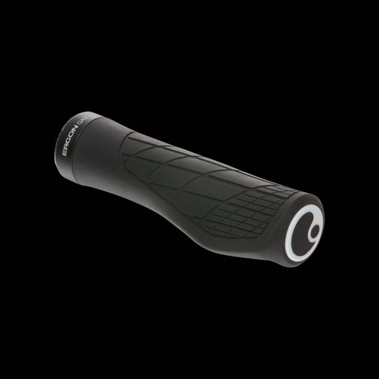 Ergon GA3 ergonomic bike grips with aluminium clamps, featuring textured surface for comfort and improved control on bicycle handlebars.