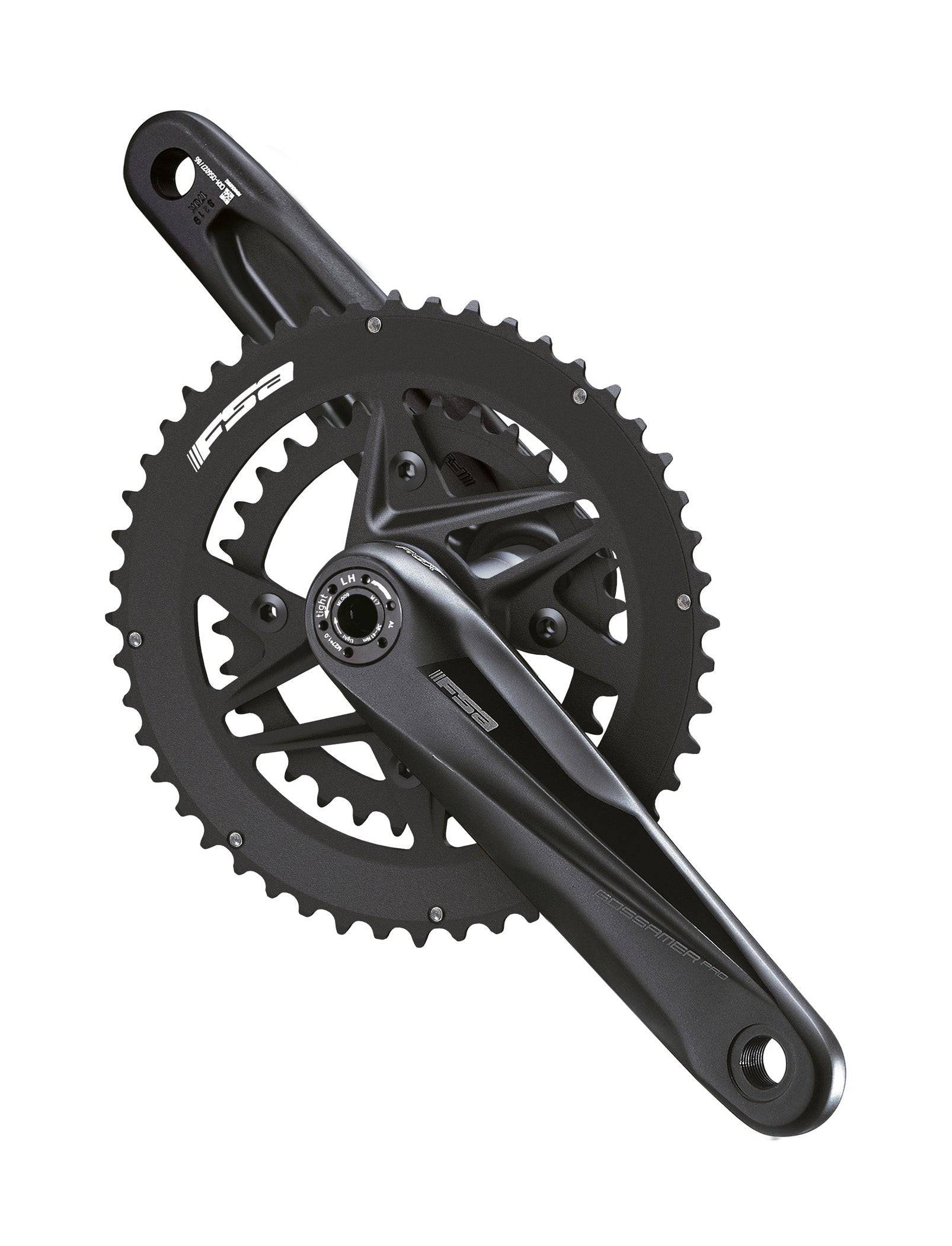 FSA Gossamer Pro AGX+ 24mm crankset with 2x12 speed 46x30T chainrings and 170mm crank arms for road bike components.