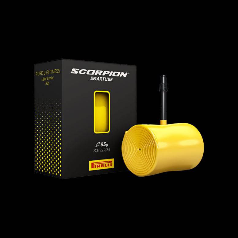 Pirelli Scorpion MTB Smartubes inner tube with Presta valve for disc brake mountain bike, showing the valve and packaging.