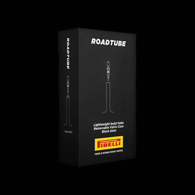 Pirelli RoadTUBE inner tube for road cycling with removable valve core, showing the black rubber tube and valve stem.