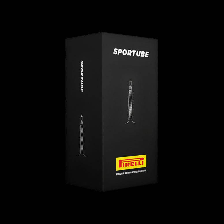 Pirelli Sporttube MTB inner tube with 48mm valve for mountain bike tires, showcasing the rubber tube and valve assembly.