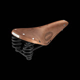 Brooks Flyer softened tan leather bike saddle with steel rails, 175mm, unisex touring bicycle component.