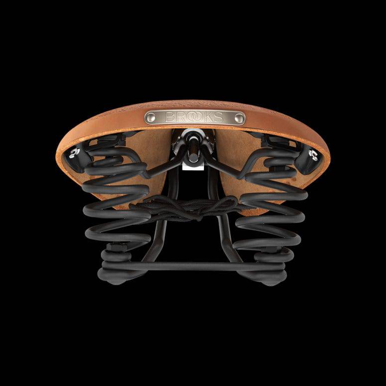Brooks Flyer softened tan leather bike saddle with steel rails, 175mm, unisex touring bicycle component.