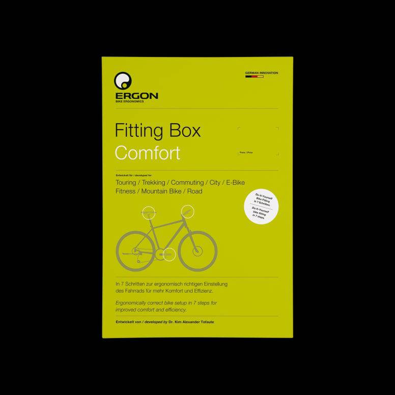 Ergon Fitting Box bike adjustment kit with components for saddle, handlebar, and pedal comfort, including various tools and parts.