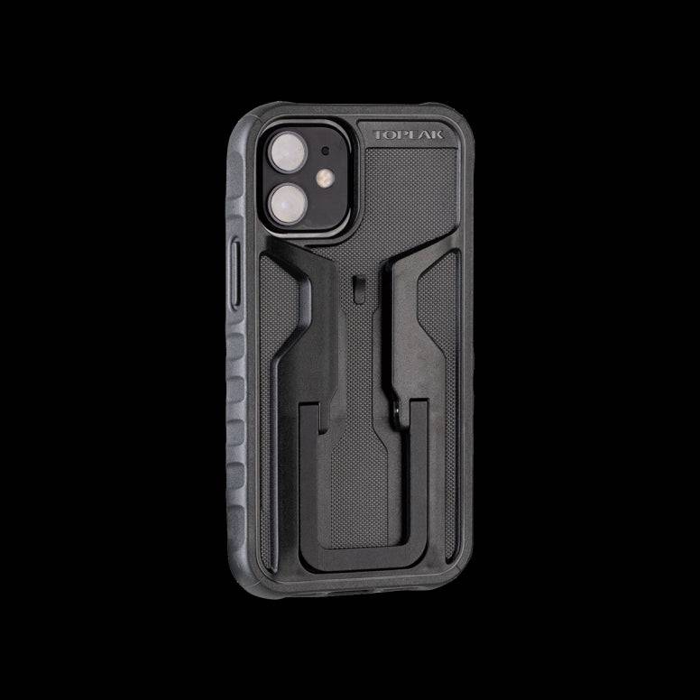 Topeak RideCase for iPhone 12 Mini bike phone mount with QuickClick system, showing the adjustable holder on a bicycle handlebar