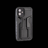 Topeak RideCase for iPhone 12 Mini bike phone mount with QuickClick system, showing the adjustable holder on a bicycle handlebar