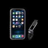 Topeak Ridecase phone mount for iPhone 12 Pro Max with QuickClick™ technology, securely attached to bike handlebars.