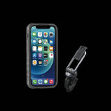 Topeak RideCase for iPhone 12 Mini bike phone mount with QuickClick system, showing the secure phone holder attached to a bike handlebar.