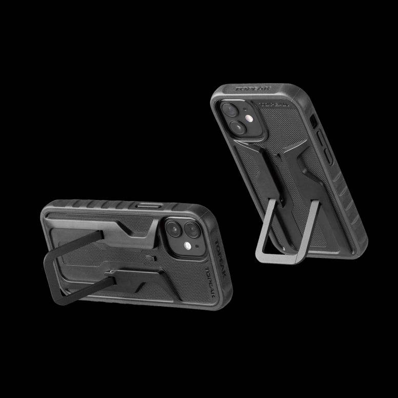Topeak RideCase for iPhone 12 Mini bike phone mount with QuickClick system, showing secure attachment and sleek design.