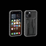 Topeak Ridecase for iPhone 13 Mini, a protective bike phone mount with adjustable viewing angle, in black with mounting hardware.