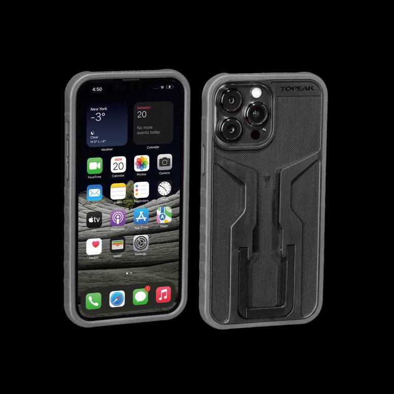Topeak Ridecase iPhone 13 Pro Max bike phone mount with adjustable viewing angles, designed for cycling accessories.