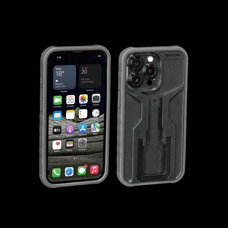 Topeak RideCase for iPhone 13 Pro, durable bike phone mount with adjustable stand, designed for secure cycling accessory use.