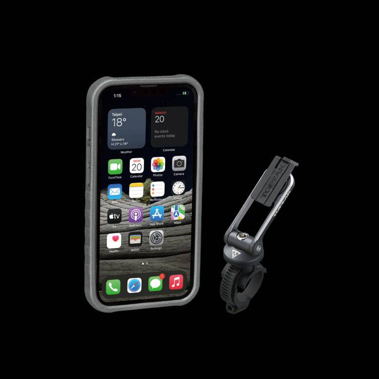 Topeak RideCase for iPhone 13 Pro, durable bike phone mount with adjustable stand and protective case for cycling accessories.