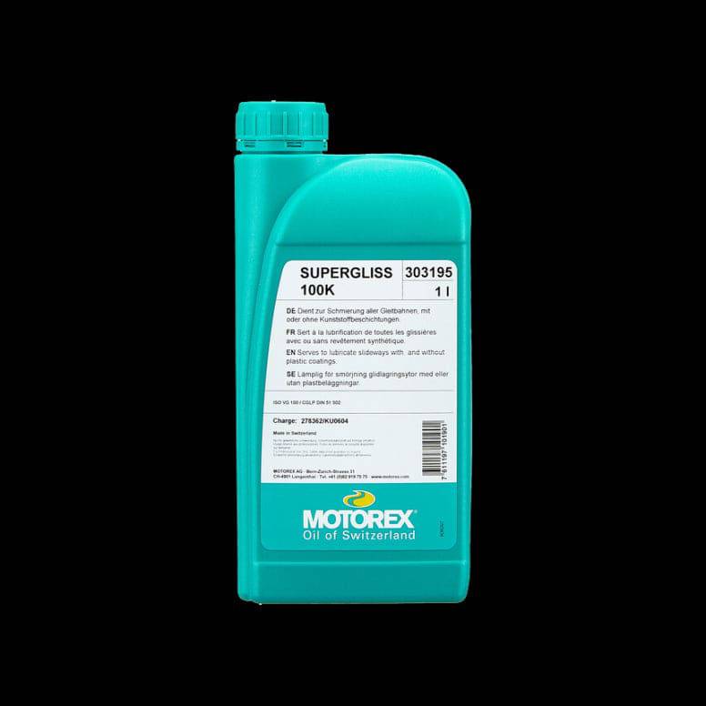 Motorex Supergliss K 32K suspension oil in silver and green for forks, 5 liters, shown in a workshop setting.