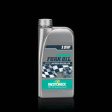 Motorex Racing Fork Oil with 3D Response Technology for high-performance motorcycle suspension, shown in a workshop setting.