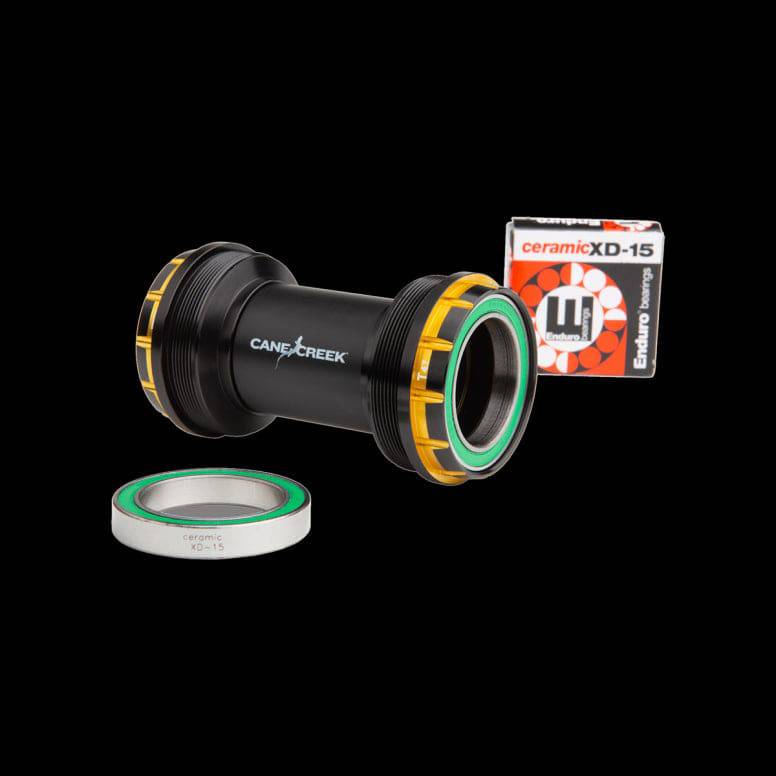 Cane Creek Hellbender 110 bottom bracket with Enduro XD-15 ceramic bearings for bicycle components.