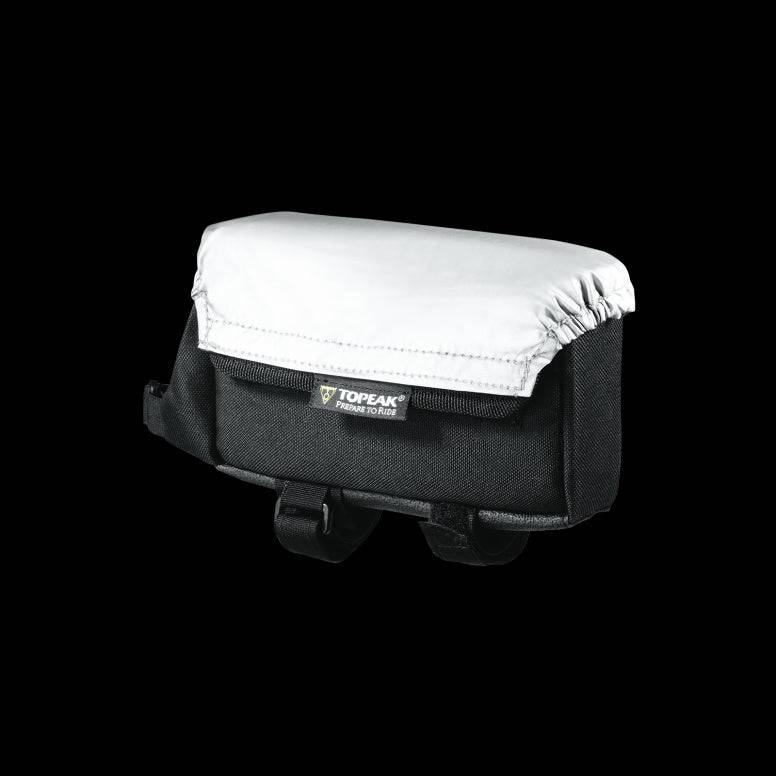 Topeak large tri bike bag with rain cover in black and silver mounted on top tube, designed for cycling accessories.
