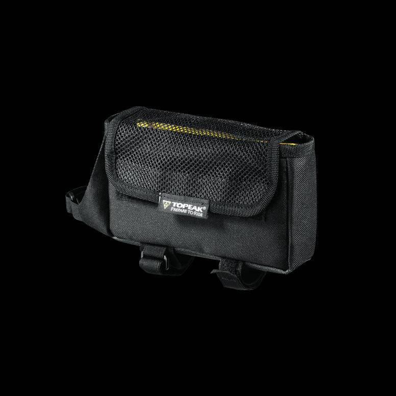 Topeak Large Tri Bag with rain cover mounted on a bike's top tube, black and silver color, bike accessory for storage.