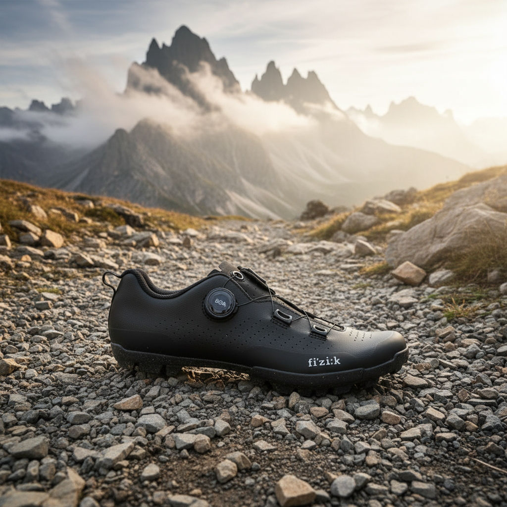 Black cycling shoe on a rocky trail with mountainous landscape