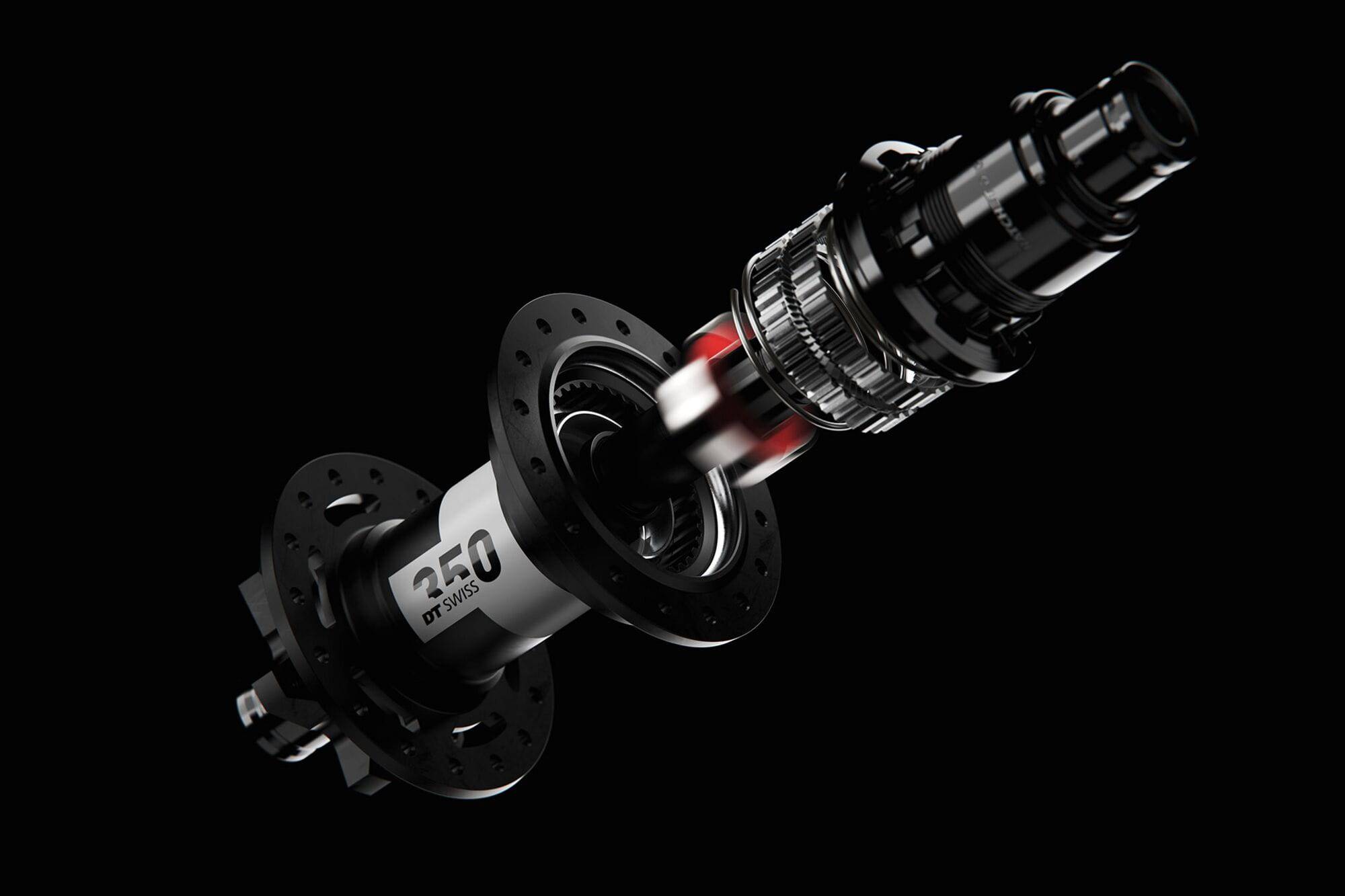 Black DT Swiss 350 DEG Classic rear disc hub with 6 bolt, 148x12mm Boost MICRO SPLINE, 28 spokes, for mountain bike wheels.