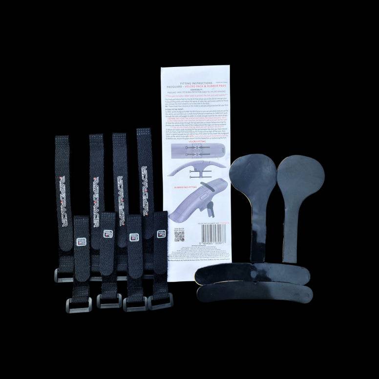 Black Rapid Racer ProGuard V2 hook and loop straps with fork protectors for mudguard accessories, suitable for mountain bikes.