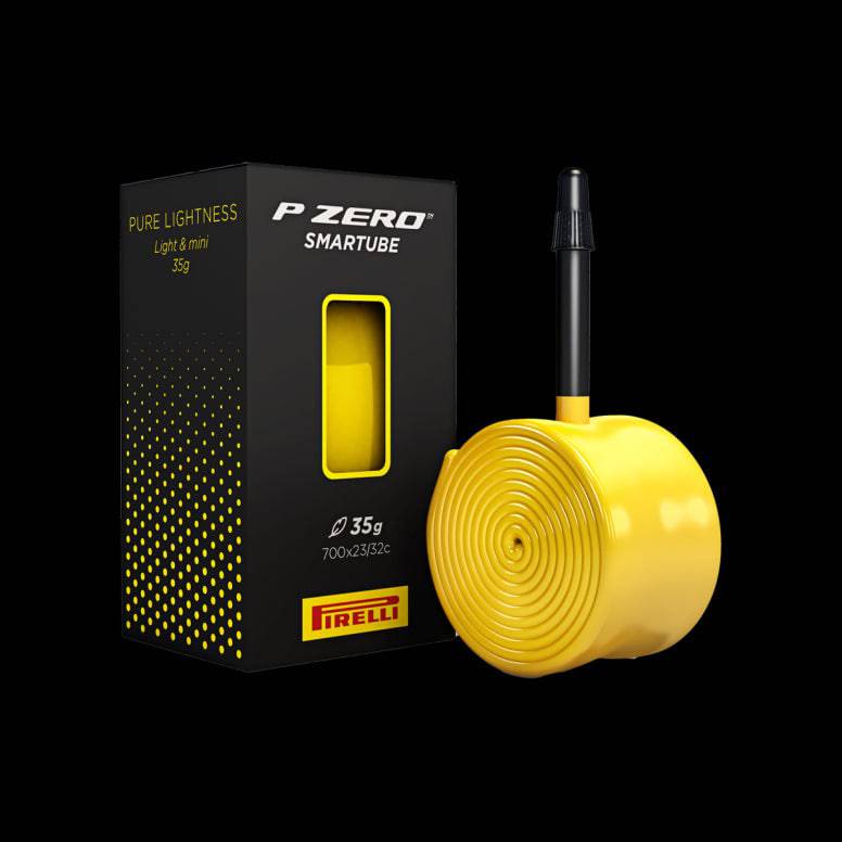 Pirelli P ZERO SmarTUBE road cycling inner tube with Presta valve for tubeless tires, showcasing the product and valve details.