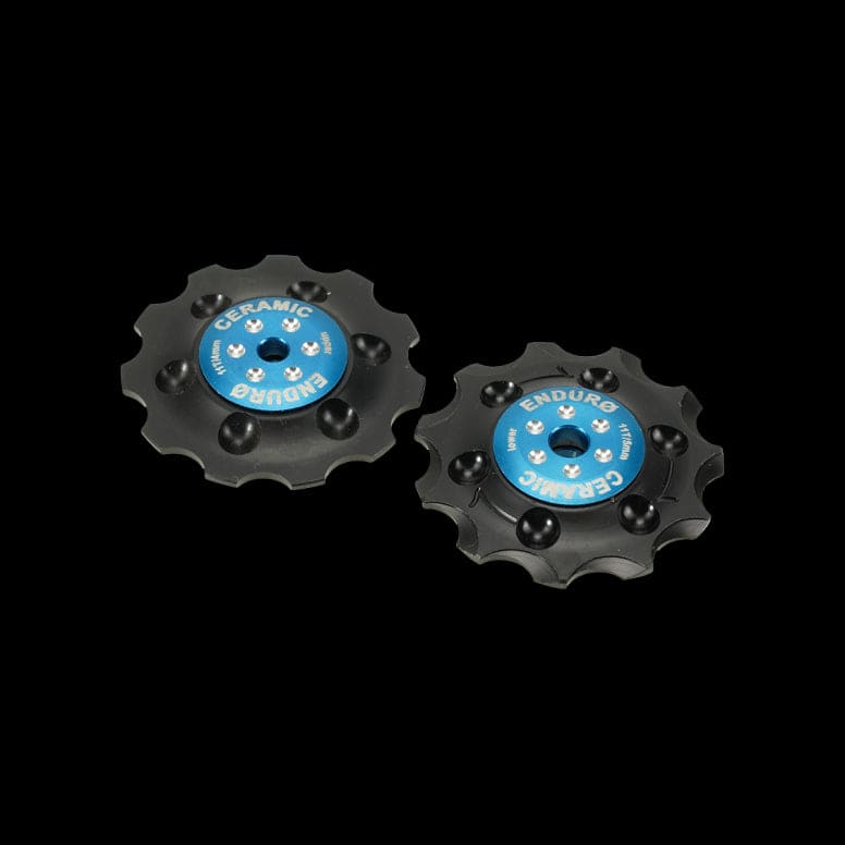 Enduro Bearings Zero Ceramic Jockey Wheels for Shimano, SRAM, Campagnolo drivetrain components, showcasing detailed ceramic wheel design.