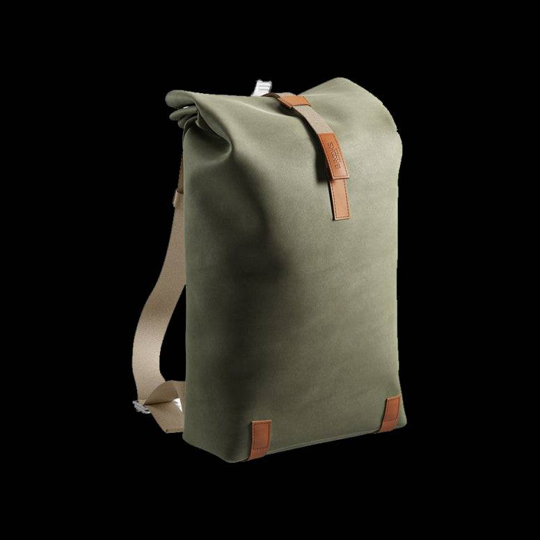 Brooks Pickwick roll-top backpack with laptop sleeve, designed for urban cycling and commuting, featuring durable accessories and stylish design.