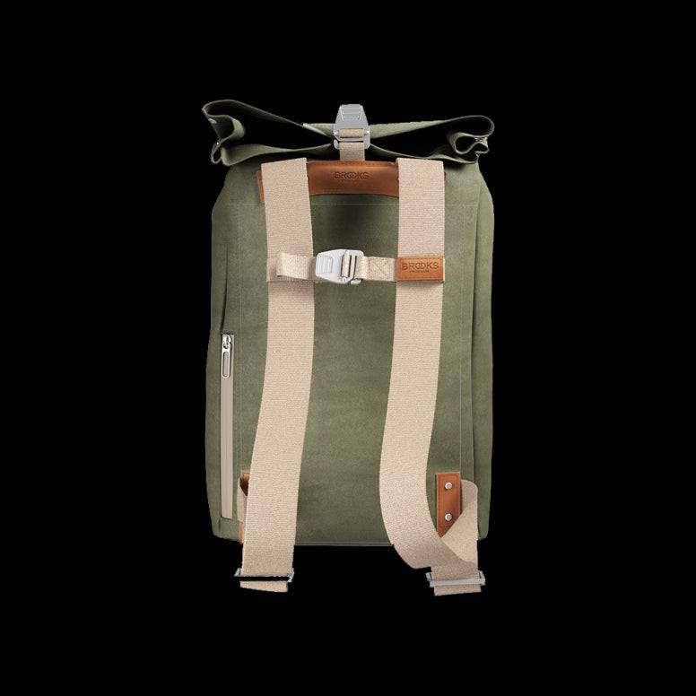 Brooks Pickwick roll-top backpack with laptop sleeve, designed for urban cycling and commuting, featuring durable accessories and adjustable straps.