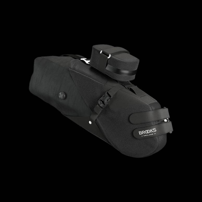 Brooks Scape waterproof seat bag with modular attachments in black, designed for cycling accessories and bike storage.