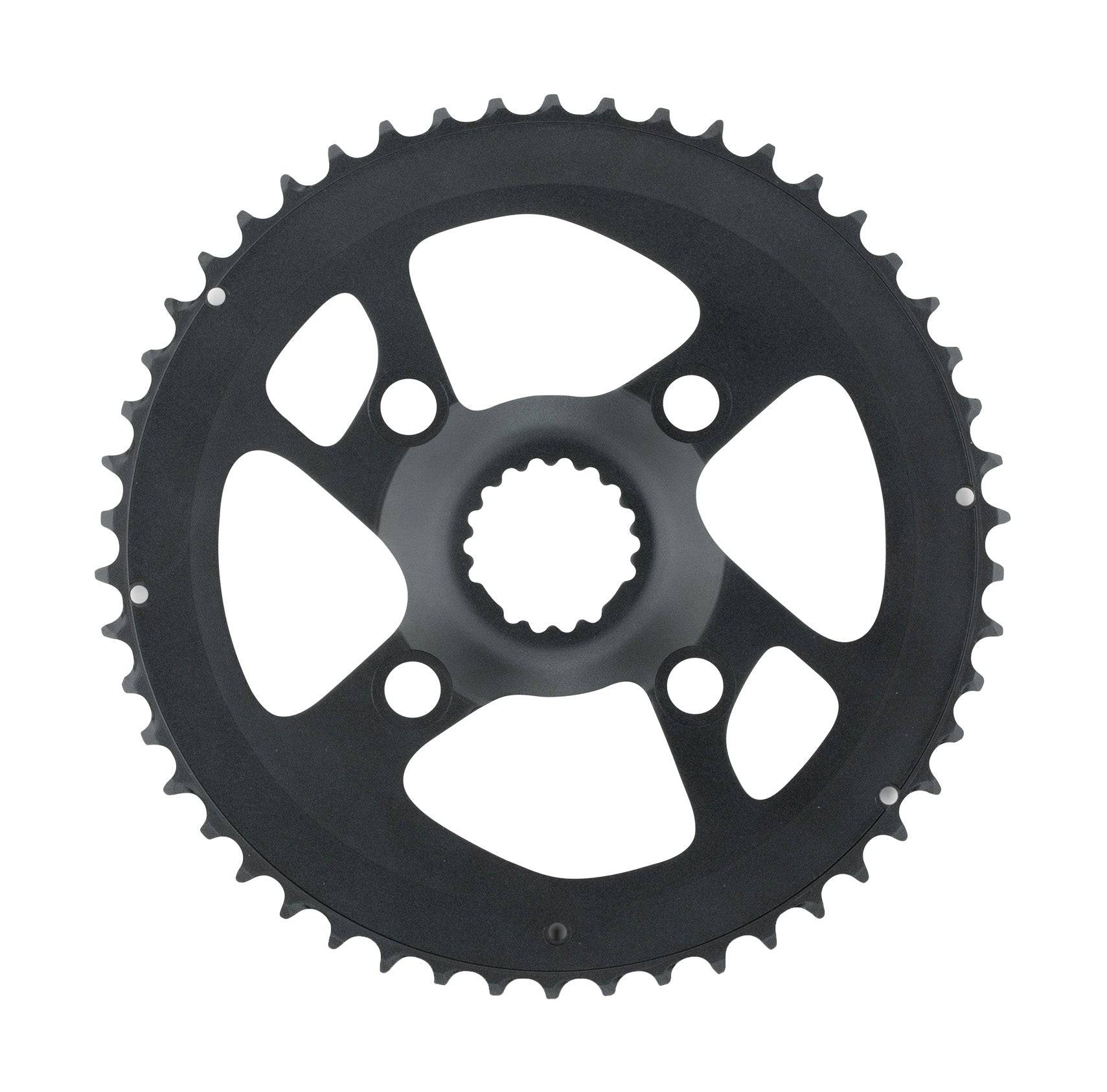 FSA Omega direct mount road bike chainring 90x48T for 2x11 speed, black aluminum with teeth and mounting holes.