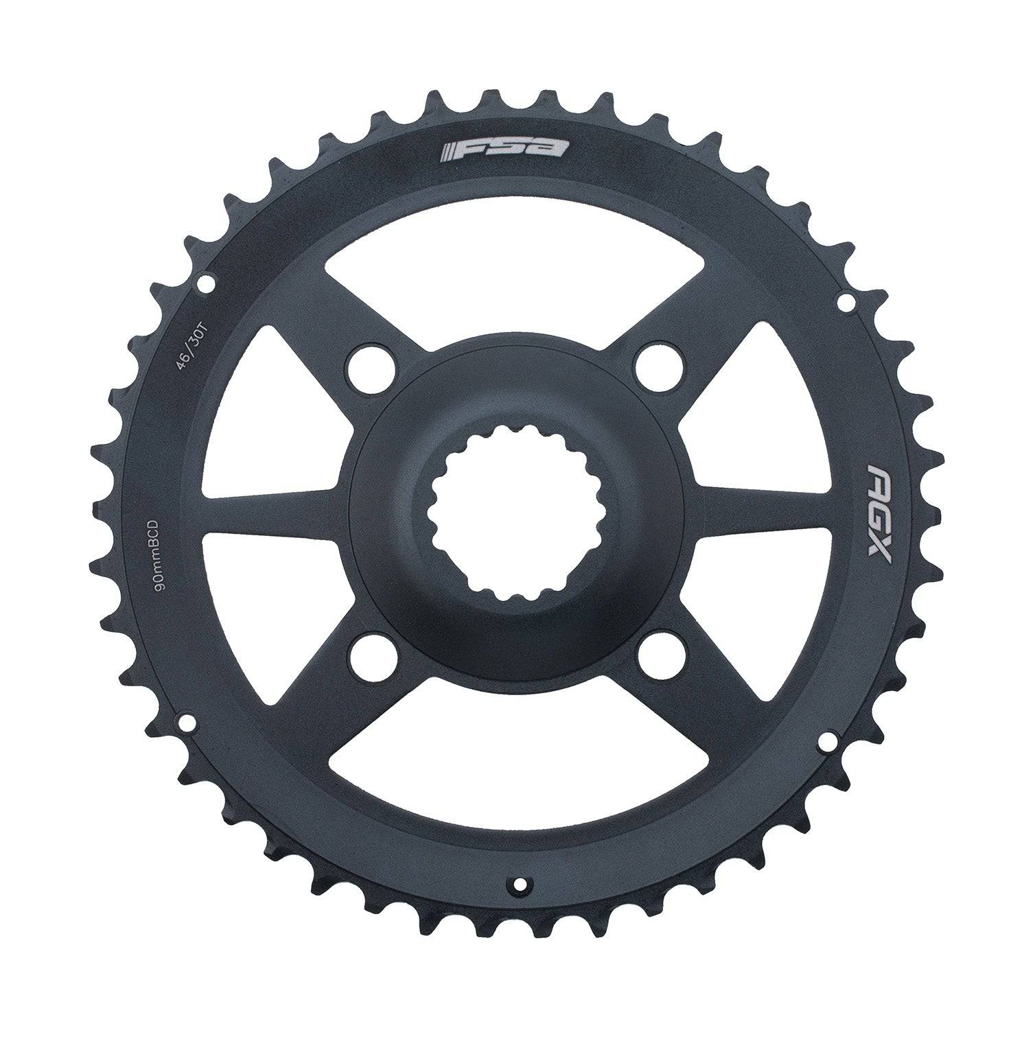 FSA Gossamer Pro AGX+ 2x11 chainring with 90mm BCD and 4-hole mounting for road bike components, shows metal and mounting details.