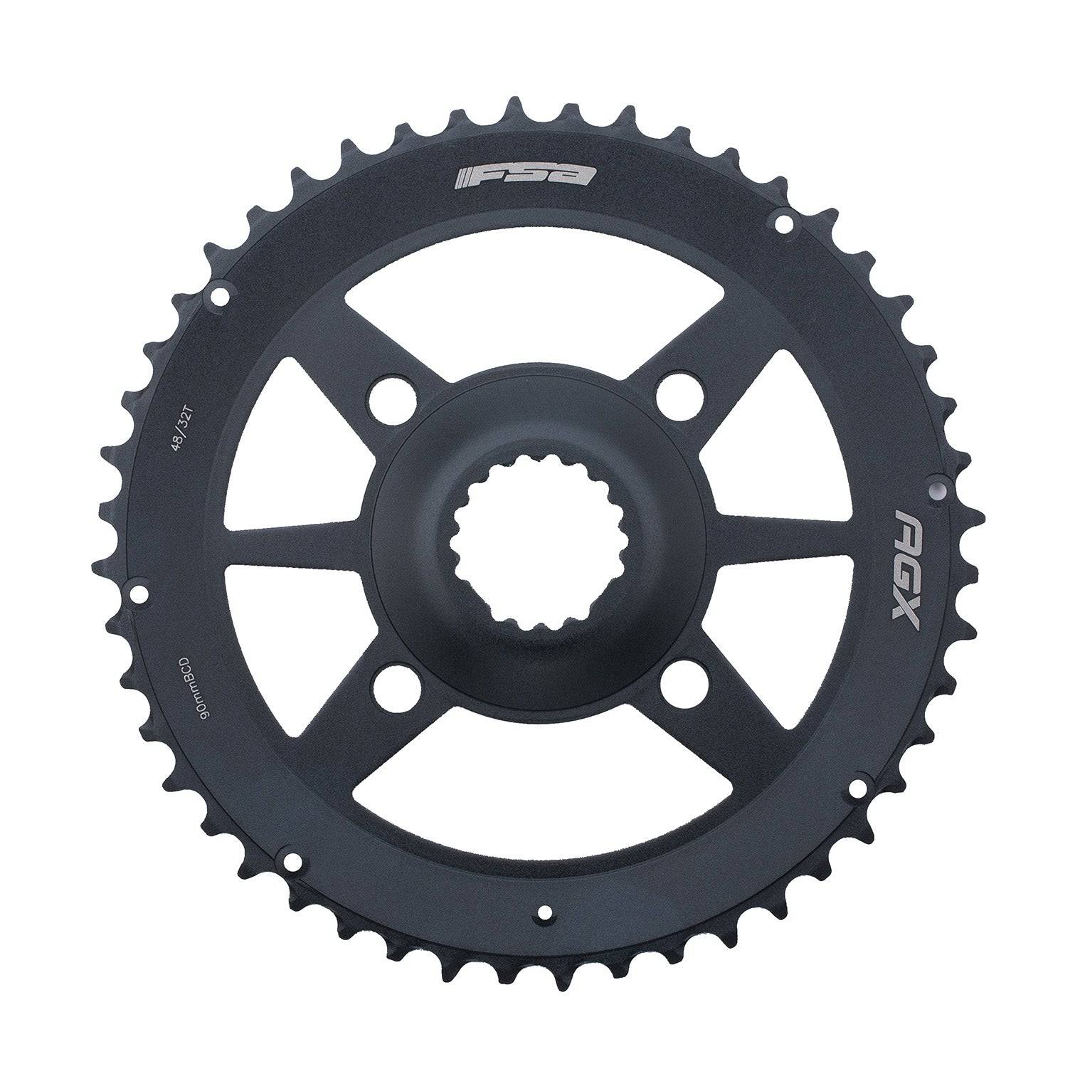 FSA Gossamer Pro AGX+ 2x11 chainring with 90mm BCD and 4-hole mount for road bike components, showing the chainring's details.