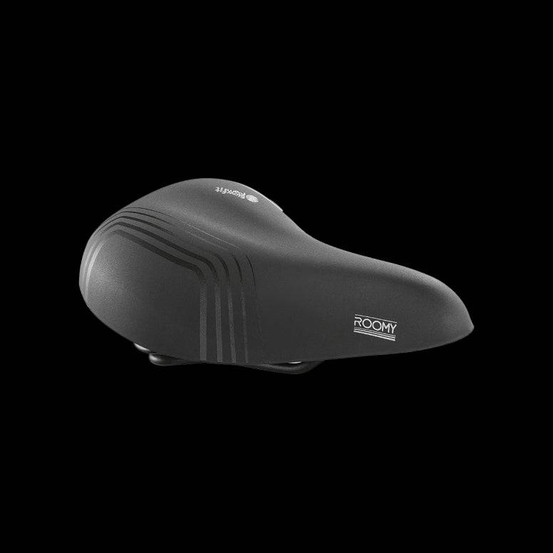 Selle Royal Roomy bike saddle with slow fit foam for comfort, shown from top view with padded surface and saddle rails.