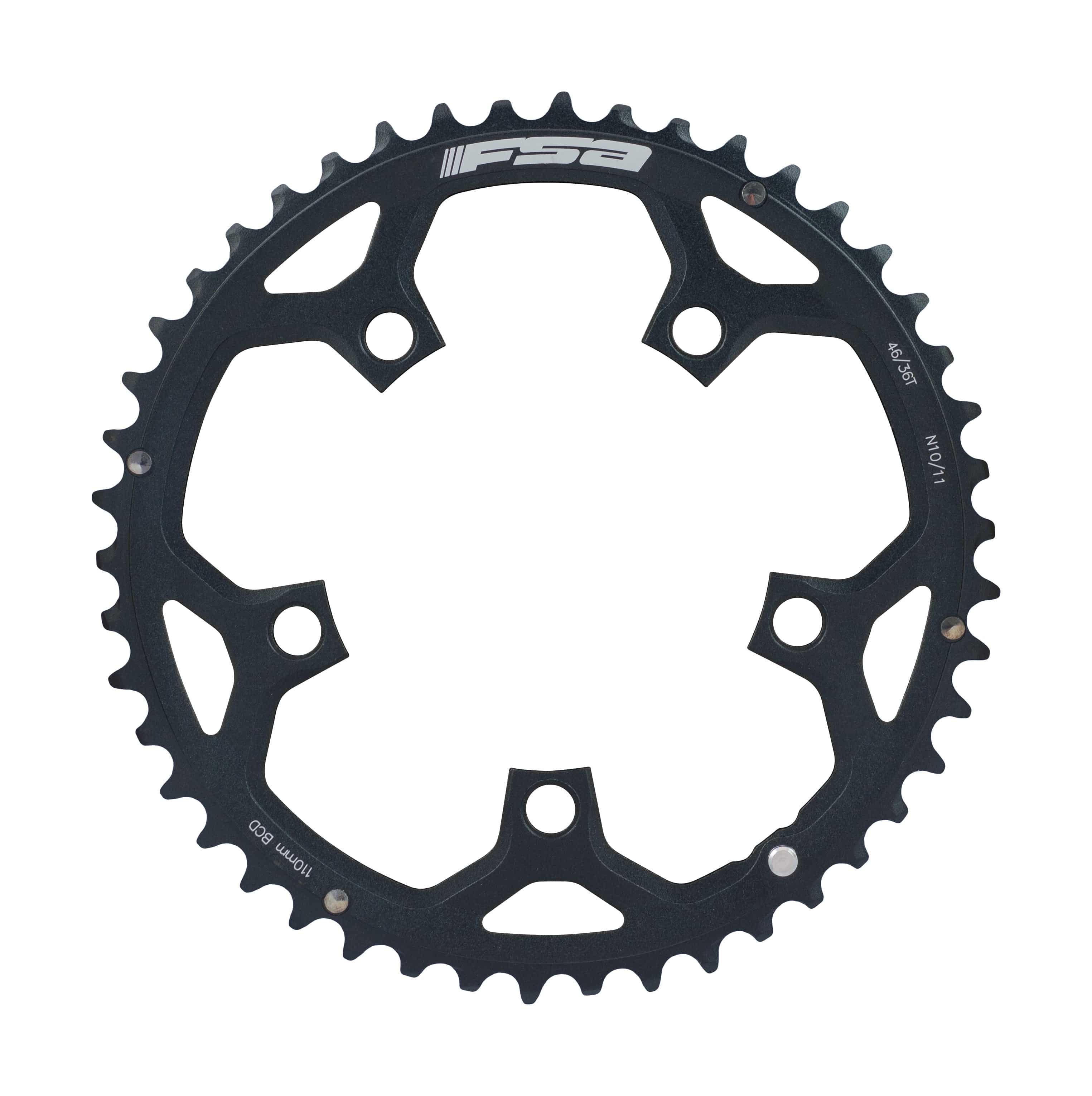 FSA Pro Road chainring for 2x11 speed bikes, black anodized CNC aluminum, 110x46T, 5-hole mounting, high-performance cycling component