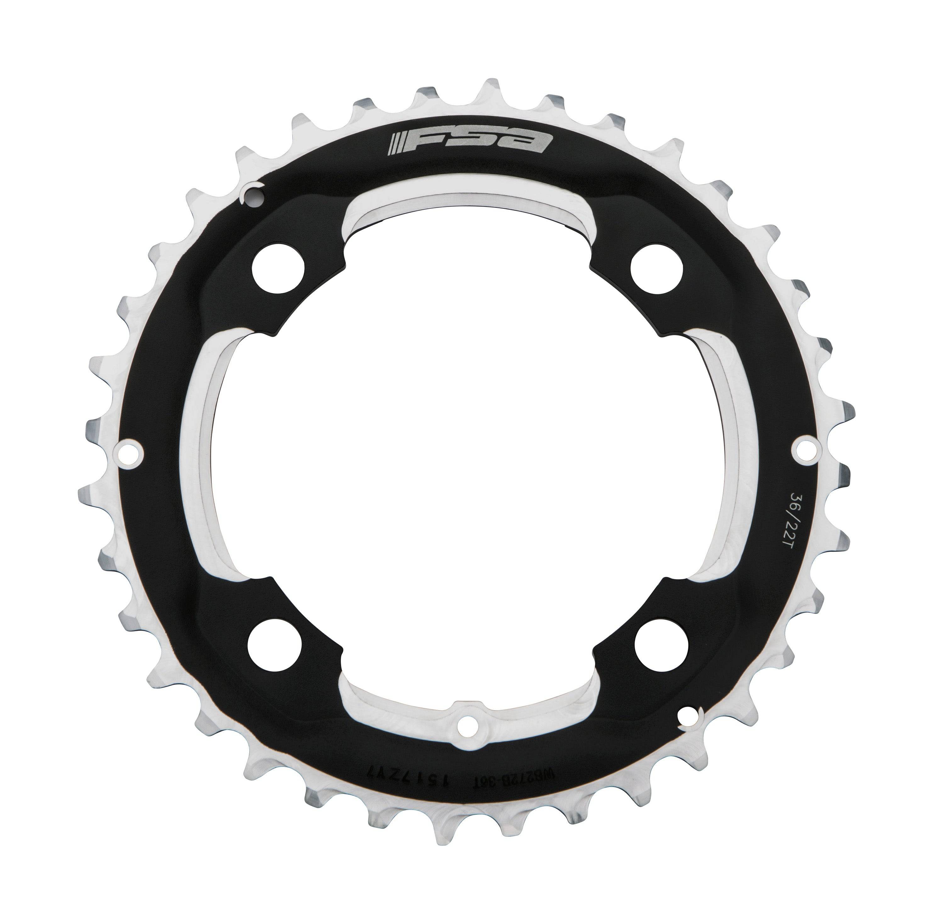 FSA Pro MTB 104BCD 2x11 chainring for mountain bike, showcasing durable metal construction and gear teeth for smooth shifting.