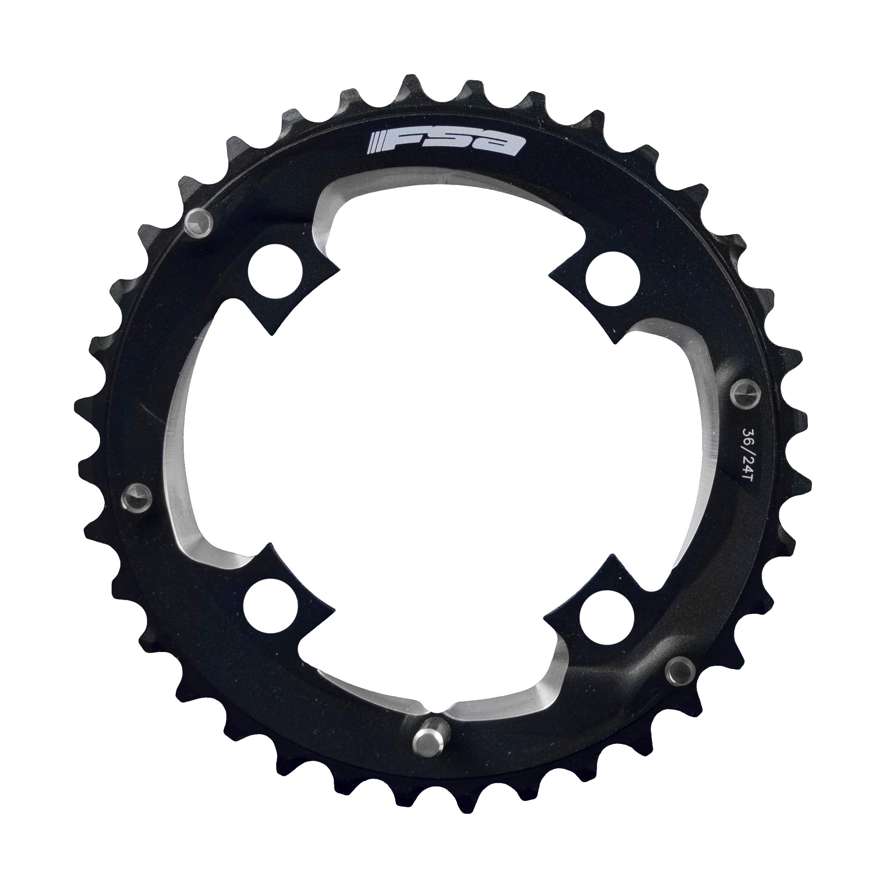 FSA Comet modular MTB chainring 2x11, 96mm bolt circle, 36T and 24T, black CNC machined bike component with 4-hole design.