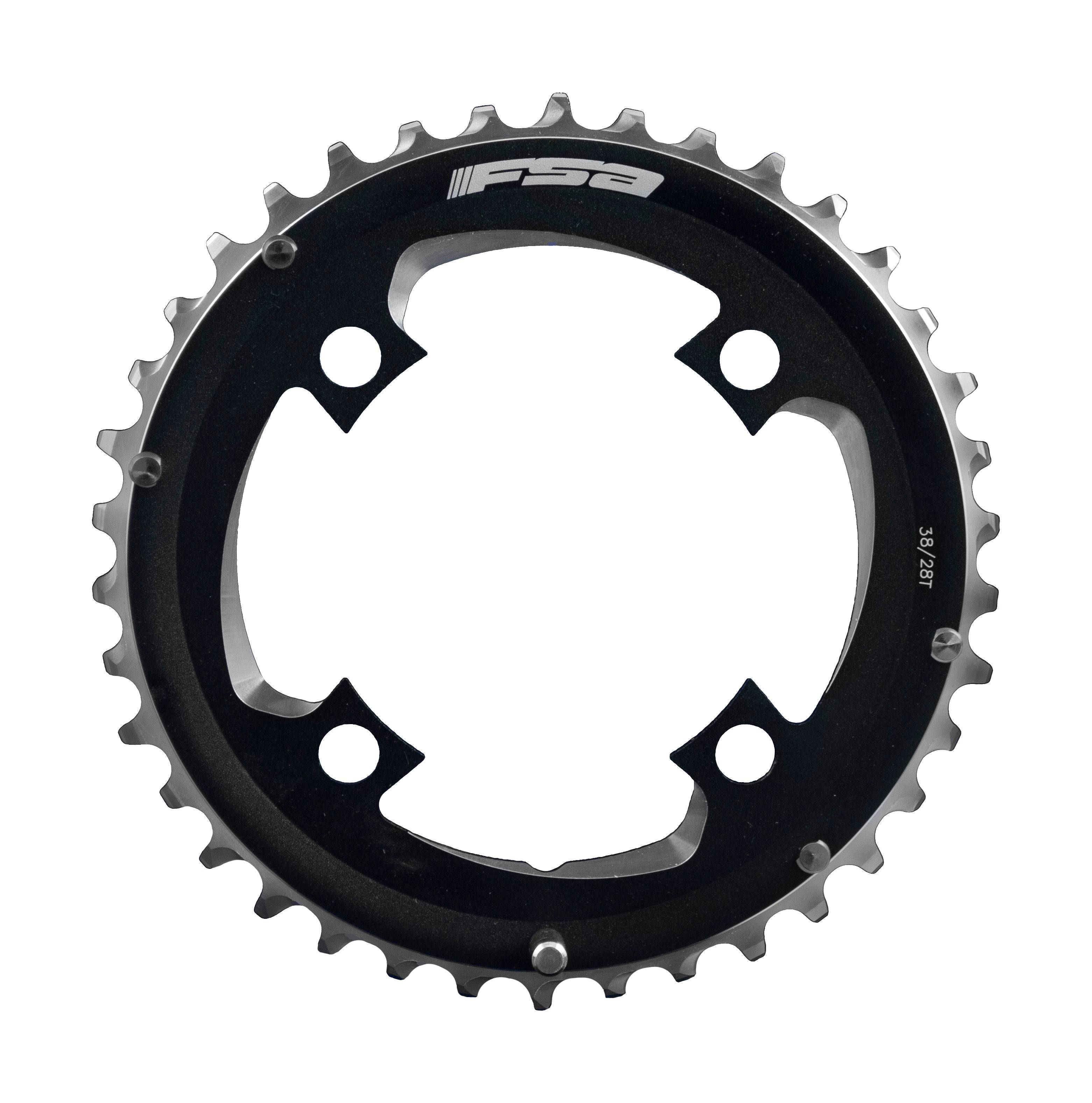 FSA Afterburner Mod MTB 2x11 chainring in black anodized with 96x38T tooth configuration and 4-hole mounting design.