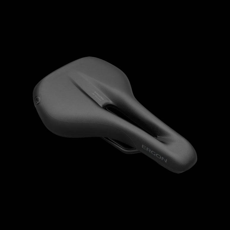 Ergon SF Women’s Saddle, ergonomic bike seat designed for comfortable cycling, with a sleek black design and cushioned padding.