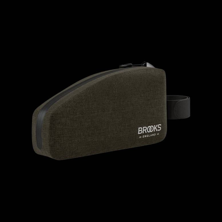 Brooks waterproof bike packing Scape top tube bag with bolts and Velcro straps, designed for cycling accessories and storage.