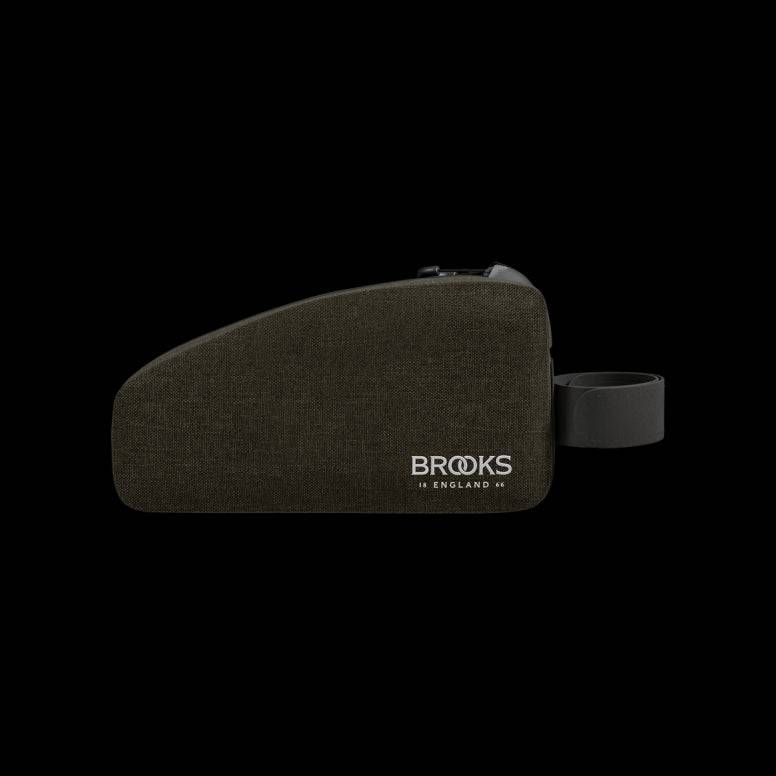 Brooks waterproof bike packing top tube bag with bolts and Velcro straps, designed for bike accessories storage.