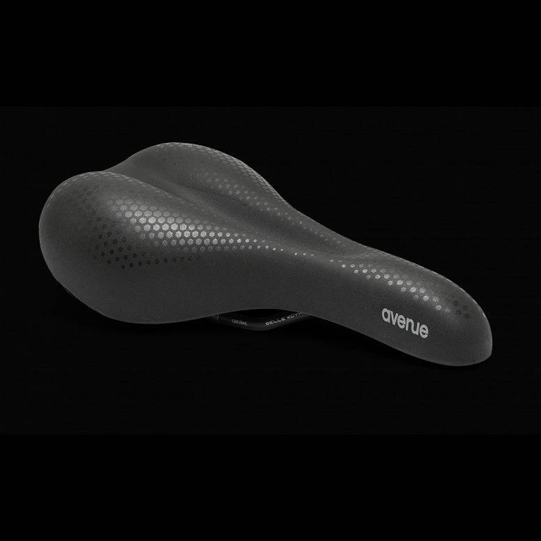 Selle Royal Avenue bike saddle with Royalgel cushioning and waterproof design, shown with a sleek black finish and ergonomic shape.