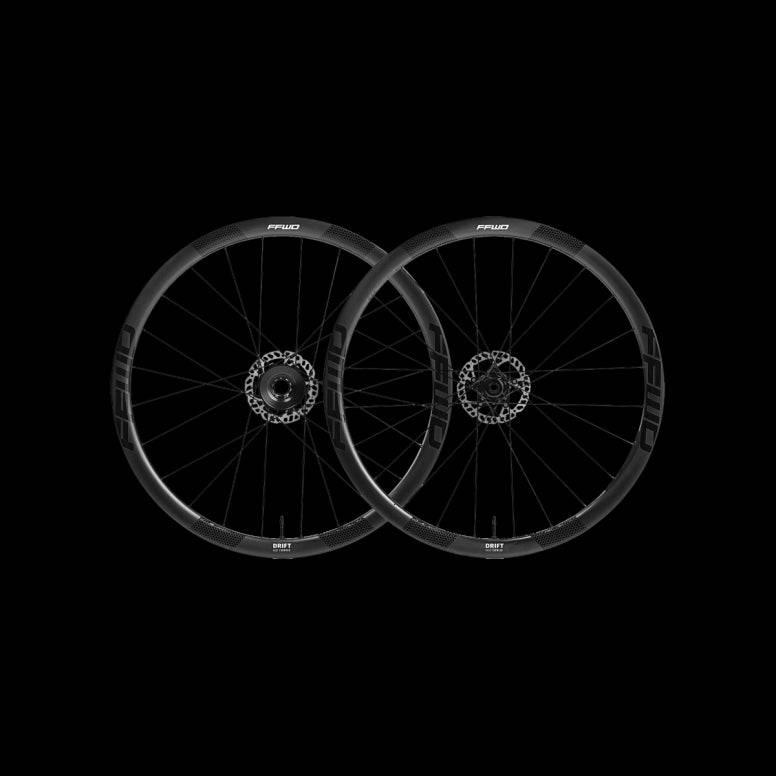FFWD Fast Forward Drift Classified 36mm black gravel wheelset with tubeless-ready design, shown with tires mounted.