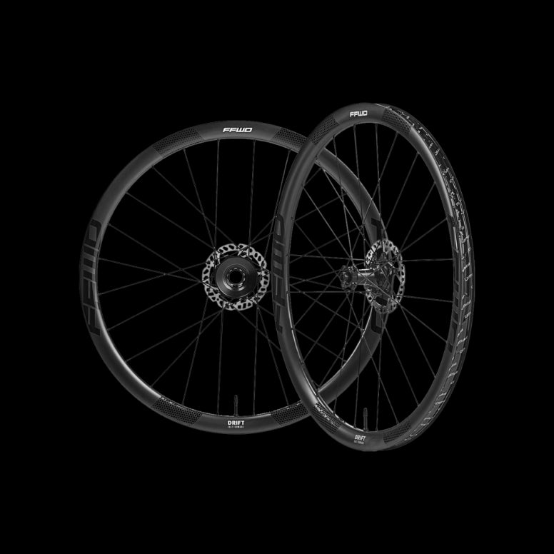 FFWD Fast Forward Drift Classified 36mm black gravel wheelset with tubeless-ready rims, featuring a sleek aerodynamic design.