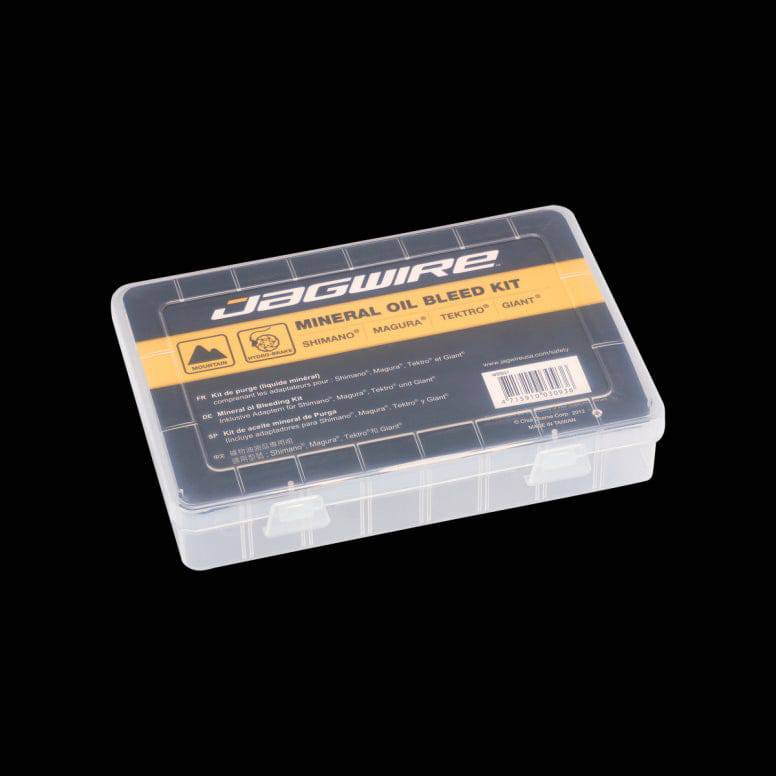 Jagwire Pro Mineral Oil Bleed Kit for hydraulic disc brakes, includes tools for Shimano, Magura, Tektro, TRP, and Hayes brake systems.