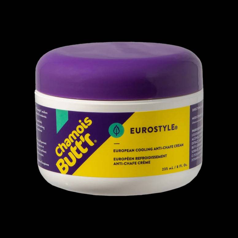 Chamois Butt'r Eurostyle cooling anti-chafe cream for cyclists, featuring menthol and witch hazel, in a tube.